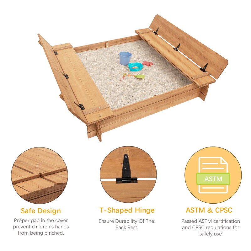 BIRASIL Wood Sandbox with 2 Bench Seats, Sand Boxes with