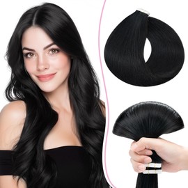 SEGO Pro Tape in Hair Extensions Real Human Hair - 10 Pcs 15g Thin Lightweight Straight Tape Extensions for Women, 16 Inch (Natural Black)