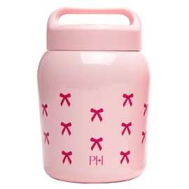 Paris Hilton Stainless Steel Food Jar, Double Wall Vacuum Sealed Insulated Food Storage Container with Carry Handle Lid, 24-Ounce, Pink with Bow Design