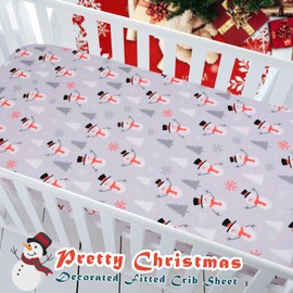 YHITBG Christmas Crib Sheet, Fitted Crib Sheet with Christmas Snowman, Snowflake, Pine Tree, Measuring 52'' x 28'' to fit Standard Crib & Toddler Mattresses, Gray