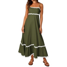 XIONGMEI Women Summer Casual Dress 2024 Spaghetti Strap Sleeveless Smocked High Waist Zipper Flowy Boho Vacation Dresses(Army Green,Large)