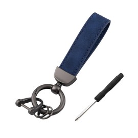 Kewucn Genuine Leather Car Keychain, Universal Heavy Duty Metal Auto Key Fob Holder with Anti Lost D-Ring for Men Women （Black-Navy Blue）