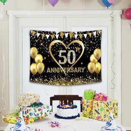 Honatrv 50th Anniversary Wedding Anniversary Decoration, Gold Wedding Decoration, 180 x 115 cm, 50th Wedding Anniversary Decoration for Golden Wedding 50, Black and Gold