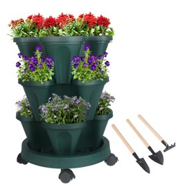 Vertical Planter 3 Tier Stackable Planters Garden Planters Strawberry Herb Flower and Vegetable Planter Indoor Outdoor Gardening Pots with Removable Wheels and Tools