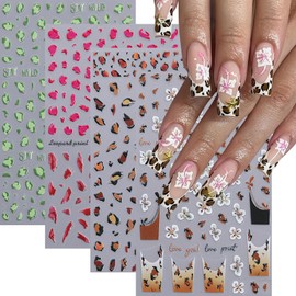 4Pcs Leopard Print Nail Art Stickers 3D-Self Adhesive Nail Stickers Brown Leopard French Nail Decals Flower Pink Green Leopard Nail Design Nail Accessories for Women Girls DIY Nail Decoration Supplies