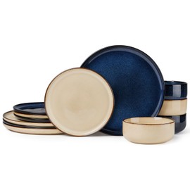 Herogo 12 Pieces Stoneware Dinnerware Dishes Set for 4, Kitchen Dining Plates and Bowls Sets, Double Reactive Glaze, Microwave & Dishwasher Safe, Scratch Resistant, Starry Blue & Cream Khaki