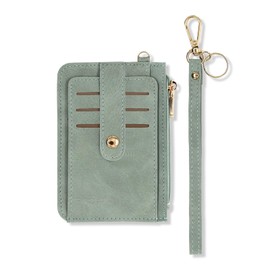 MultiValue RFID Card Holder Wallet, Wristlet Wallet with Keychain PU Leather Slim Card Wallet with 9 Card Slots 1 ID Window and Zipper Pocket (Green)