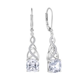 Lwsary Infinity Celtic Knot Dangle Drop Earrings 925 Sterling Silver Princess Cut Leverback Earrings with Cubic Zirconia April Birthstone Irish Jewelry Gifts for Women