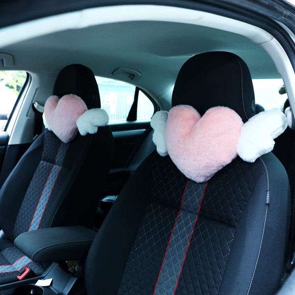 Macarrie 2 Pcs Plush Heart Shaped Pillow with Angel Wings Headrest Soft Comfortable Seat Pillow for Driving Travelling Room Office Car Decor, 19.7 x 8.3 Inch (Pink)