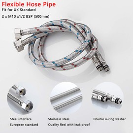 Heable Pack of 2 Kitchen/Basin Monobloc Mixer Tap Connectors Flexi Pipes Tails British Standard Pipe M10 x1/2 Fitting 500mm Long (Silver Pipes)