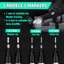 5 Chrome Paint Pen - Mirror Chrome Marker for Plastic Model Metal Repair Kit Tire DIY, Liquid Chrome Pen, Metallic Silver Permanent Marker Reflective, Waterproof Chrome Paint Pen (2-3mm / 1mm / 1-3mm)