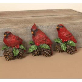 Gerson International SET OF 3 HAND PAINTED 4" RESIN CARDINAL ON HOLLY BERRIES & PINE CONES ORNAMENTS