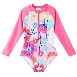 Angel season - Traje de baño de manga larga para niñas de una pieza con protección contra erupciones UPF50+ para niños pequeños con cierre, talla 2-10, Rojo -, 7-8 Años