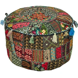 JaipurHandloom Black Indian Pouf Stool Vintage Patchwork Embellished With Patchwork Living Room Ottoman Cover, 46 X 33 Cm or 18X13 inches by Jaipur Handloom