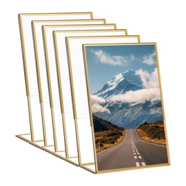 Gold Sign Stand Double-Sided Picture Acrylic Frame 6PCS, A5 Transparent Picture with Gold Frame for Wedding Reception Restaurant Sign Table Menu Display Table Rack（L Type）