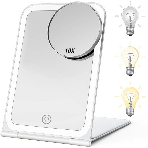 KerMiCi Lighted Travel Makeup Mirror 10X 72 LEDs, 3-Color Stepless
