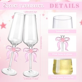 Funnymoom 2 Pack Bow Wine Glasses Pink Bow Clear Champagne Glasses 7.5 oz Delicate and Elegant Pink Coupe Decorative Coquettish Container for Weddings Birthdays High-end Crystals