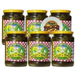 Tony Packo’s Sweet Hots Pickles and Peppers, 24 Oz Jars (Pack of 6) with Exclusive Jar Opener, USA-Made Spicy Sweet Pickles for Hot Dogs, Burgers, Sandwiches, Gourmet Condiment, with Pulp Jar Separators