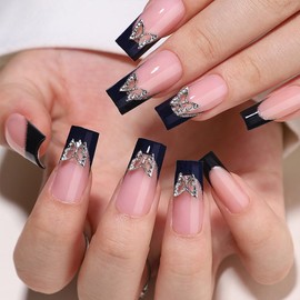 WAFOLOZE Black French Tip Press On Nails - Long Press On Nails Square Fake Nails with Butterfly Charm, Artificial Nails 16 Sizes - 32Pcs False Nails Tips Kit, Stick On Nails for Women