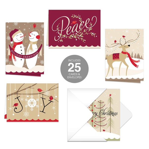 Whimsical Holiday Cards / 25 Holiday Cards With White Envelopes / 5 Winter Seasonal Designs / 4 5/8" x 6 1/4" Holiday Greeting Cards
