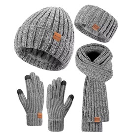 Women Beanie Scarf Gloves Headband Set for Winter, Chenille Beanie Hats Ear Warmer with Fleece Lined Knit Scarf Touchscreen Gloves, Fashion 4 in 1 Warm Xmas Gift Set for Cold Weather-Light Gray