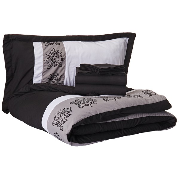 Chic Home Clayton 10 Comforter Pin Tuck Pieced Block Embroidery Bed in A Bag with Sheet Set Black, King, White