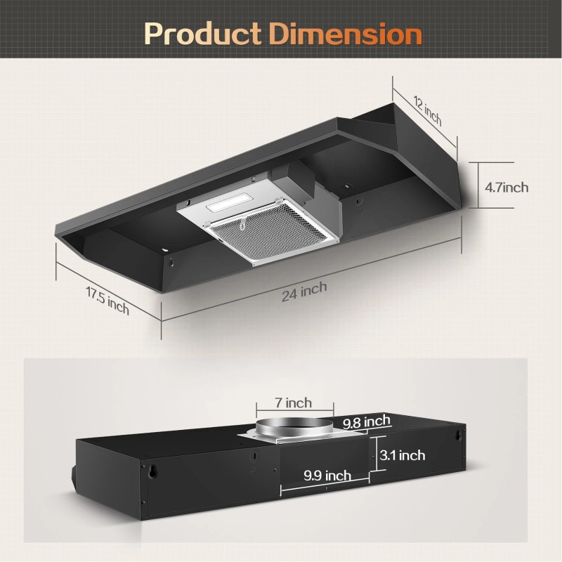 Zomagas 24 inch Range Hood Under Cabinet, Black Kitchen Hood