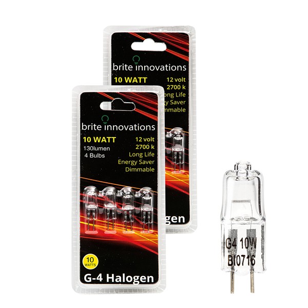 Brite Innovations G4 Halogen Bulb, 10 Watt (8 Pack) Dimmable Soft White 2700K -12V-Bi Pin -, T3 JC Type, Clear Light Bulb