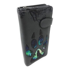 Shag Wear Wolf Paw Large Animal Wallet for Women and Teen Girls Vegan Faux Leather 7" Dark Grey