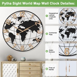 30 Inch Extra Giant Large Wall Clock Oversized,Black Big Metal Modern Decorative Silent World Map Wall Clock with Vintage Gold Arabic Numeral for Office,Living Room,Kitchen,Dining Room Decor
