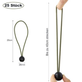 LOOGI Bungee Cords with Ball Pack of 25, Tarpaulin Tensioners with Ball 20 cm, Rubber Tensioner, Tent Elastics Expander Loops, Rubber Loops for Tarpaulins, Tents, Banners, Net, Gaze