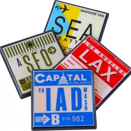 Vintage Airport Code Luggage Tag Drink Coaster Set