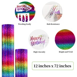 GIRAFVINYL Sparkle Glitter Vinyl, Gradient Rainbow Permanent Vinyl, Indoor Glitter Rainbow Vinyl for Home, Car and Tumbler Decor, 12" x 6FT
