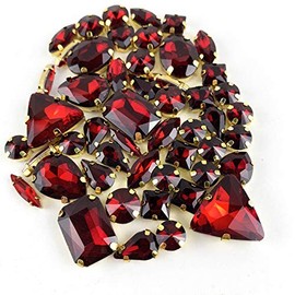 Worlds 50PC Mix Shapes Sew On Crystal Rhinestone Flatback Gold Claw Setting Glass Sew On Crystal Rhinestone for Clothes&Bags, Shoes,DIY Crafts 8mm~ 18mm(Dark Red)