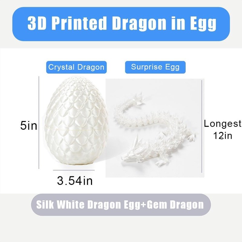 3D Printed Articulated Dragon Egg With Dragon Inside (Silk White)