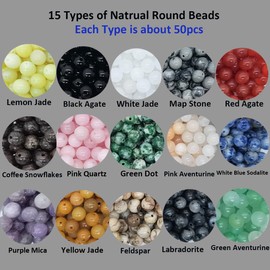 750pcs 6mm Natural Round Stone Beads Real Gemstone Beading Loose Gemstone Hole Size 1mm DIY Smooth Beads for Bracelet Necklace Earrings Jewelry Making,Box Packed(15 Material -2,6mm)