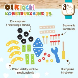 Trefl - O!Construction Building Blocks - Set of 35 - Wooden Toys, Wooden Building Blocks for Small Farmers, Bricks, Screws, Tools, Environmentally Friendly Toy for Years for Children from 3 Years