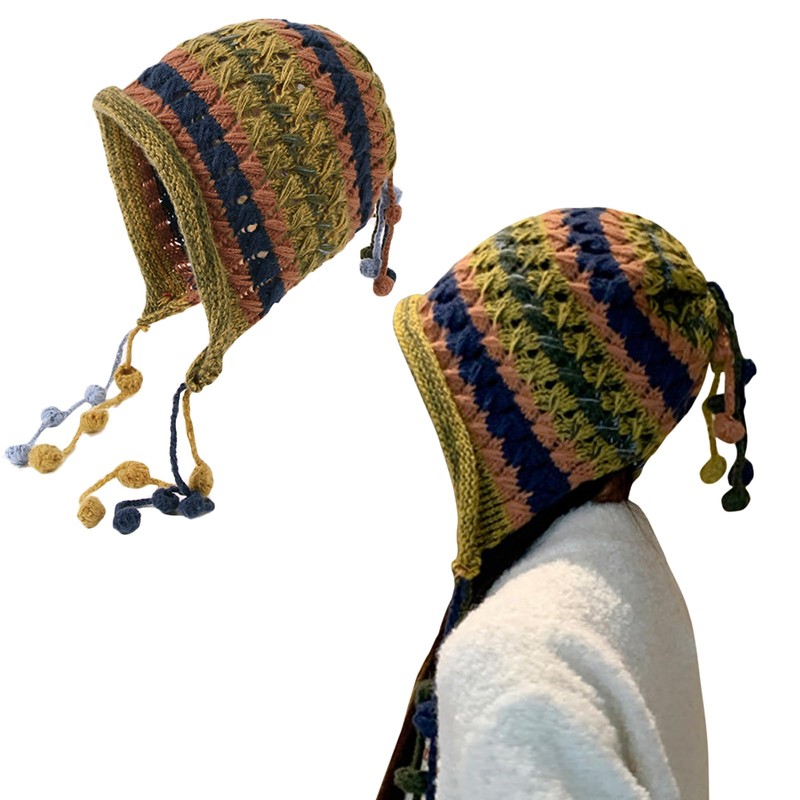 CHENGZI Handmade Crochet Wool hat, Colorful Pullover hat, Tassel Ball