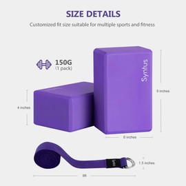 Syntus Yoga Block and Yoga Strap Set, 2 EVA Foam Soft Non-Slip Yoga Blocks 9×6×4 inches, 8FT Metal D-Ring Strap for Yoga, General Fitness, Pilates, Stretching and Toning, Purple