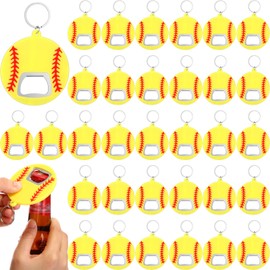 Layhit 36 Pieces Softball Bottle Openers with Keychain Round Plastic Sports Openers Bulk Yellow Softball Pattern Funny Gifts for Party Favors Sports Enthusiast College Student Sports Lover