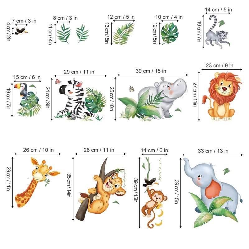 wondever Jungle Animals Wall Stickers Safari Animal Elephant Giraffe Lion