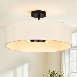 PUMING 19.7" 5-Light Drum Chandelier, Modern Farmhouse Pendant Light with White Linen Fabric Shade, Black Adjustable Hanging Ceiling Light for Dining Room Living Room Kitchen Foyer E12