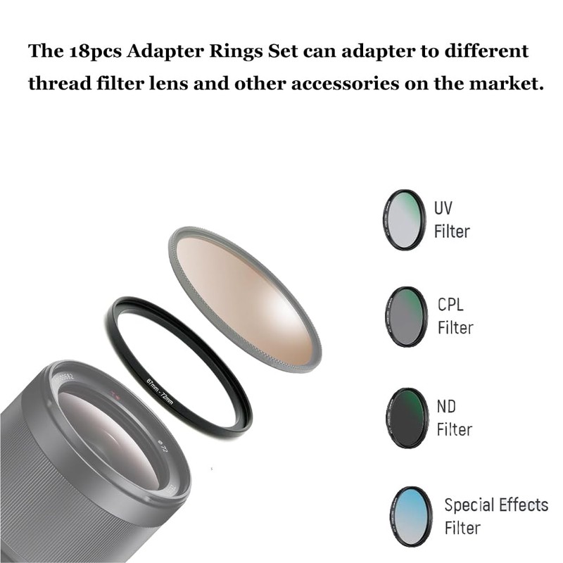 Step Up/Down Lens Filter Ring Adapter Set 37-82 mm for