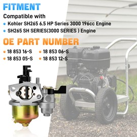 Carburetor Kit with Air Fiter Compatible with Kohler SH265 6.5 HP Series 3000 196cc Engine SH265 SH SERIES(3000 SERIES) Engine Replace#18 853 16-S, 18 853 05-S, 18 853 06-S, 18 853 12-S