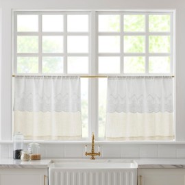 Lush Decor Brigitte Embroidery Eyelet Scalloped Edge Kitchen Tiers Pair 29" W x 24" L Neutral - Lace Curtains - Cafe Curtains - Country Cottage Decor