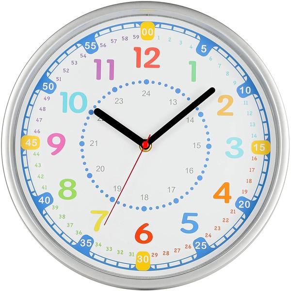 WUWEOT 30 cm Children's Wall Clock Silent Colourful Children's Wall Clock Learning Clock for Boys and Girls with Silent Clock Movement and Colourful Numbers for Children's Room Classroom Playroom