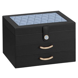 Enthralite Black Jewelry Box Organizer: Home Decor for Women - 2-Drawer Holder for Valentine’s Day Birthday Christmas Black Grey-Blue