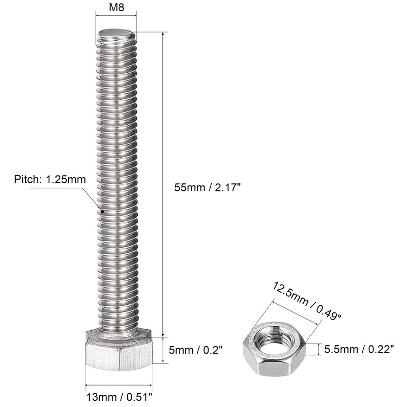 uxcell M8 x 55mm Hex Head Screws Bolts, Nuts, Flat