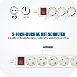 EXTRASTAR ExtraStar 5-Fach Steckdosenleiste mit Schalter und Kindersicherung,1.5M 3G1.5mm2 Kabel ,16A, 3680W, Mehrfachstecker f??rZuhause, B??ro und so weiter,Wei?