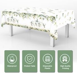 Mocsicka 3 Pieces Sage Greenery Oh Baby Tablecloths Eucalyptus Leaf Plastic Disposable Tablecover Baby Shower Rectangle Tables Cover for Boy Greeery Leaves Party Decorations 108x54 Inch…